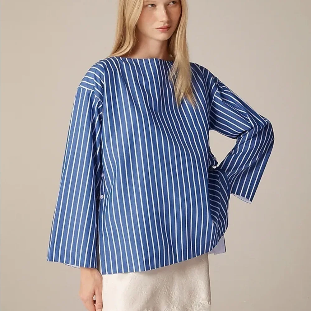 J crew deep sea stripes Ciel top in striped cotton poplin